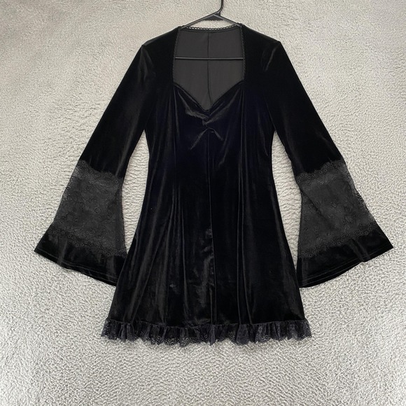 Unknown Dresses & Skirts - Gothic Velvet Dress Womens L Black Bell Sleeve Lace Ruffle Hem Mini Witchy Y2K